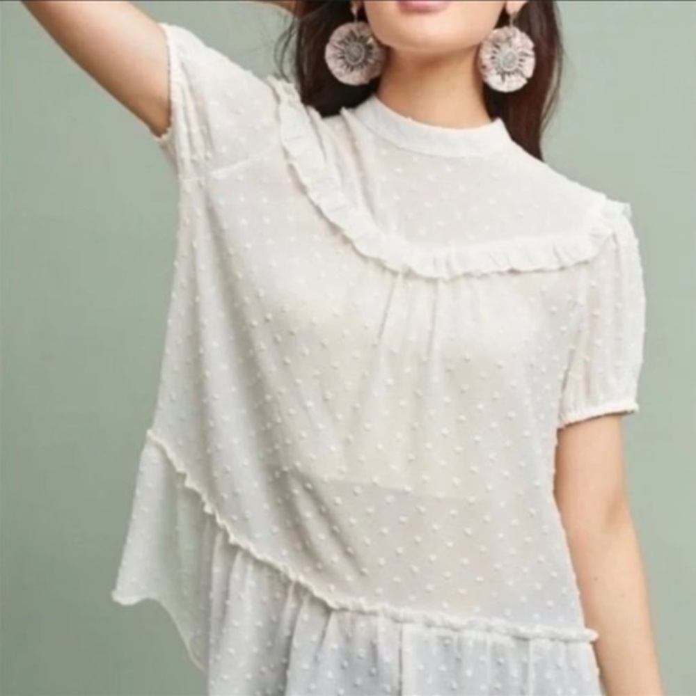 ❤️ Ro & De Cream Ruffled Blouse with Bib Collar and Short Sleeves